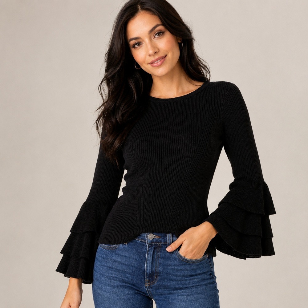 Design History Black‎ Ribbed Tiered Ruffle Bell Sleeve Sweater Top Womens Medium
